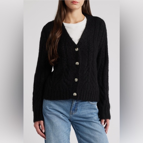All In Favor Mixed Stitch Black Cardigan Small Wool Blend